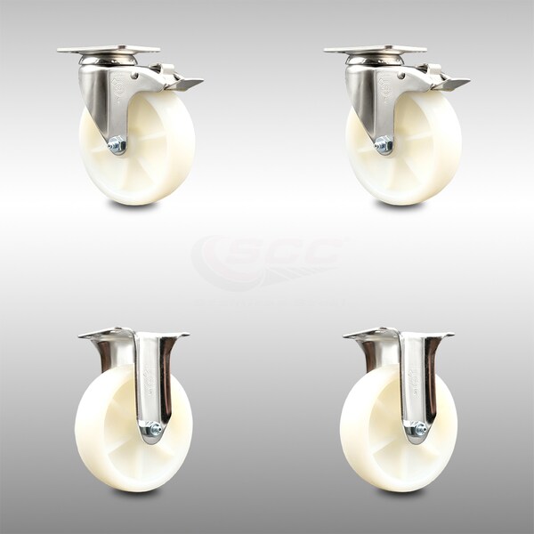 5 Inch 316SS Nylon Wheel Swivel Top Plate Caster Lock Brake 2 Rigid SCC, 2PK